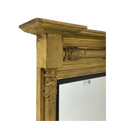 Regency gilt framed pier mirror, projecting cornice over half turned column pilasters decorated with gesso leaves, moulded and ebonised inner slip framing plain mirror plate