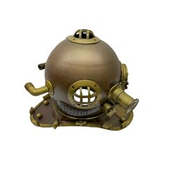 Reproduction US navy deep sea diver's copper and brass helmet, with plaque engraved ‘US Navy Diving Helmet Mark V Morse Diving Equipment Co Inc, Boston MA', H38.5cm