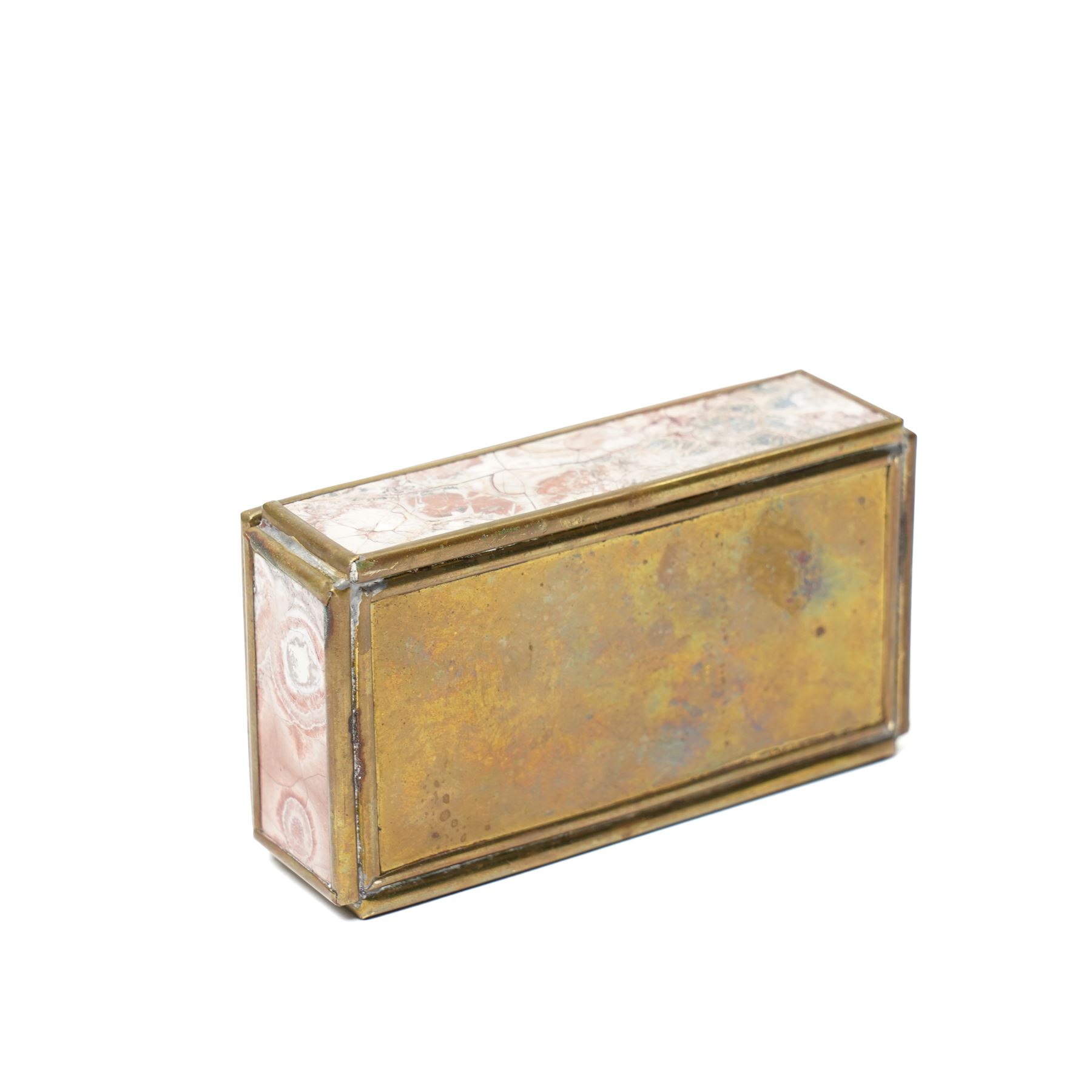 Vintage brass bound stone trinket box, with pink, grey and deep red banding, possibly rhodochrosite, with mirror to interior, L9cm x W5cm