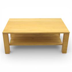 Modern solid oak coffee table, square supports united by full length under tier, raised on castors
