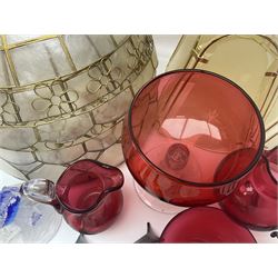 Pair of V Nason & Co murano glass dolphins together with to other glass figures and cranberry glass and lampshades  