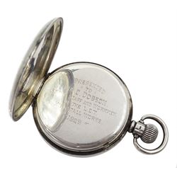 Early 20th century open face keyless lever presentation pocket watch by Rolex, white enamel dial with Roman numerals and subsidiary seconds dial, case by Dennison Watch Case Co, Birmingham 1928, retailed by William Greenwood & Sons, Leeds & Huddersfield