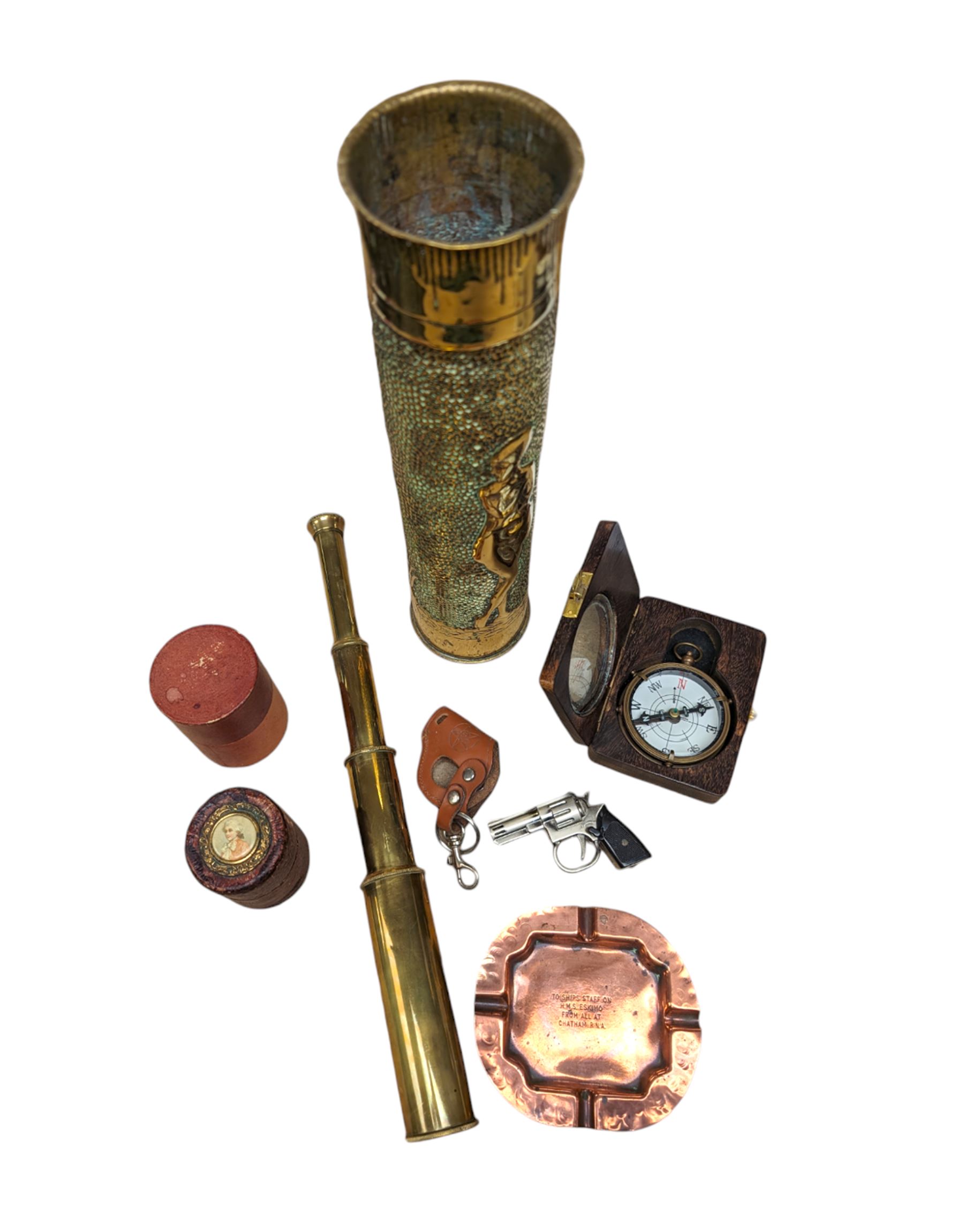 Trench art vase, copper ashtray with HMS Eskimo engraving, Dollond compass, brass three drawer telescope, pistol lighter etc