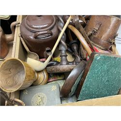 Mauchline ware trinket box and thimble holder, together with copper kettle, two large brown enamel teapots, wooden chess board, brass bell, hot water urn, and other metal ware etc, in three boxes 