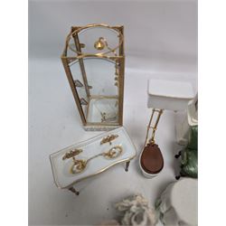 Dolls house bathroom and bedroom furniture, including bed, wardrobe, dresser filled with toiletries, shower, five figures, etc 