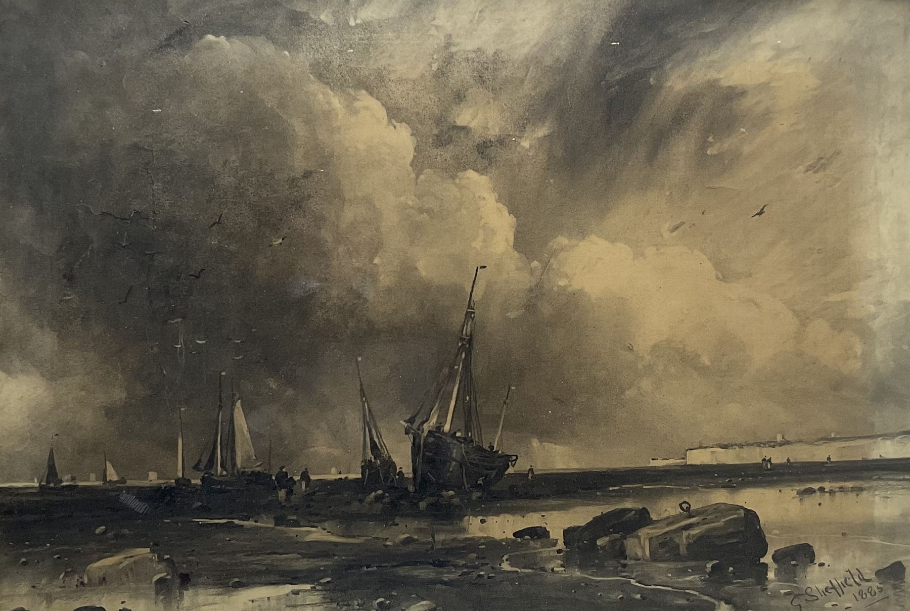 George Sheffield (British 1839-1892): Fishing Boats on the Shore, monochrome watercolour and charcoal signed and dated 1885, 55cm x 80cm