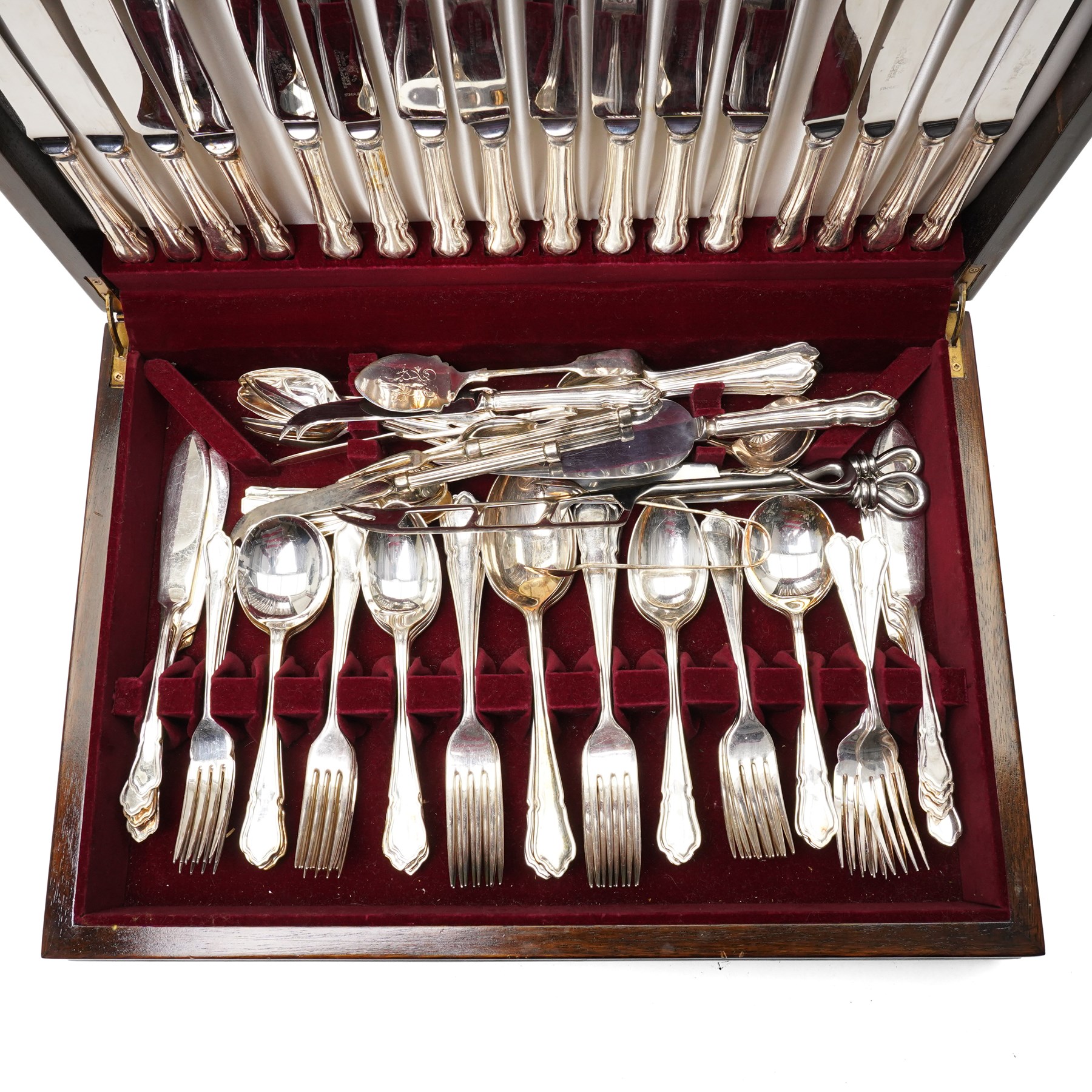 Canteen of silver plated Dubarry pattern cutlery for eight covers together with some additional items in mahogany box