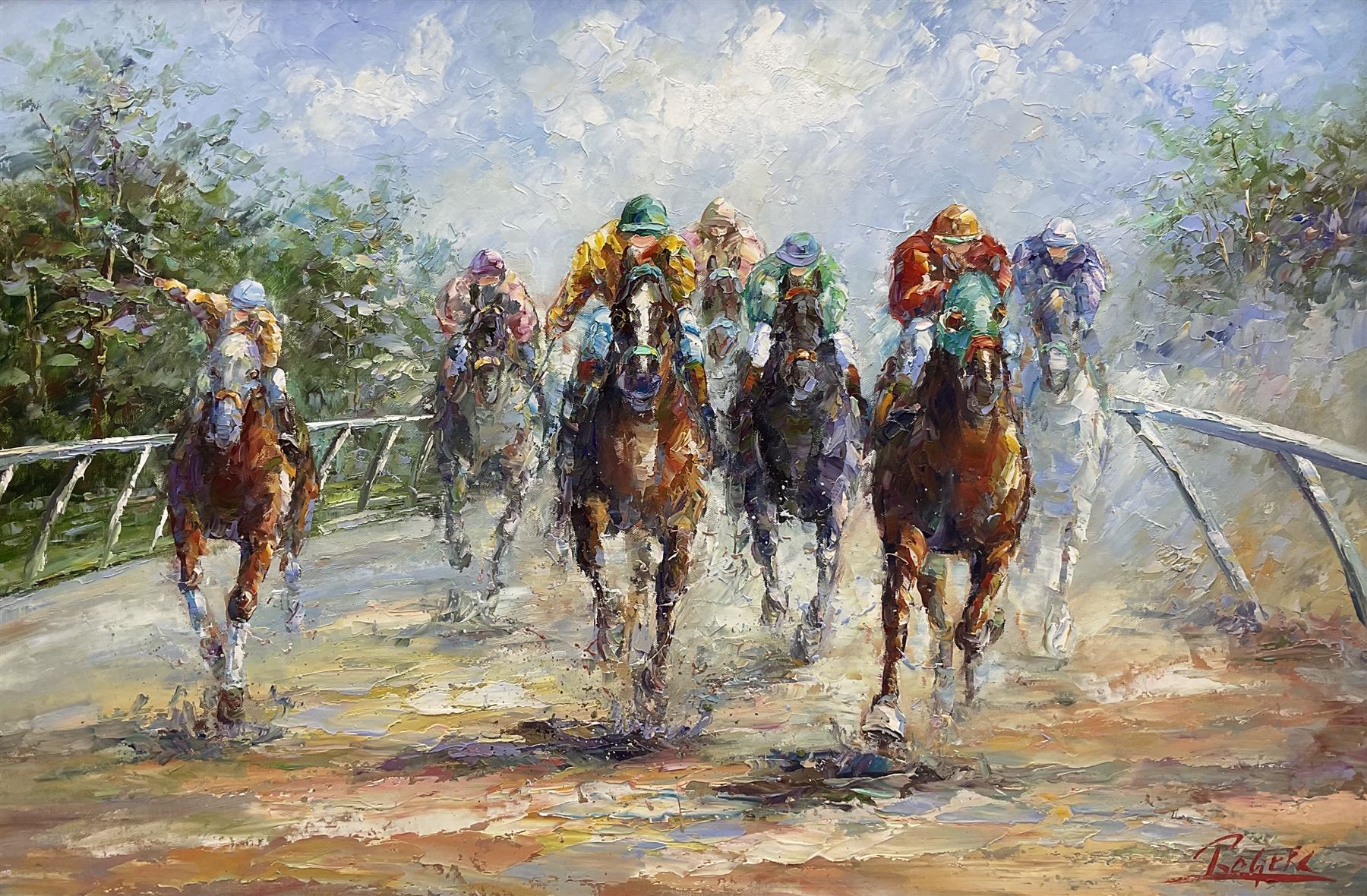 Impressionist School after LeRoy Neiman (American 1921-2012): Racing Horses, oil on board signed 'Rogers', 60cm x 90cm