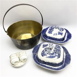 Brass jam pan, together with two blue and white Willow pattern tureens and covers, and two Minton coffee cups and saucers