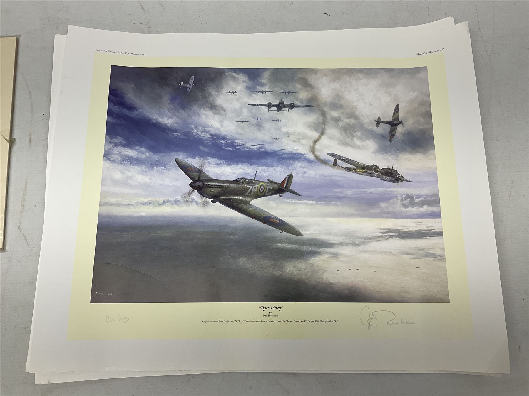 Collection of twenty-one unframed and seven framed prints of predominantly aviation interest after David Pritchard, Brian Petch, Stephen Teasdale, Barry Price, Coulson, Wardle etc; depicting Spitfires, Hurricanes etc; some limited editions with certificates and many bearing multiple signatures on the mount