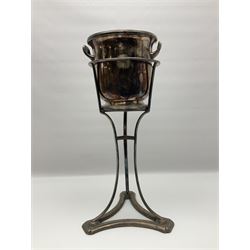 19th century Elkington & Co silver plate twin handled wine cooler and stand, raised upon three legs with a triform base, H51cm 