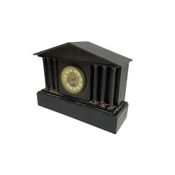 French - 19th-century timepiece mantle clock in a slate case with recessed columns. With pendulum and key.