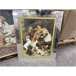 After P E Marshal (British 20th century), Car Outside Inn, water colour signed and dated; after Richard Britton (British) 'Mischief Makers' (golden labradors), colour print, together with three colour prints of dogs and embossed decorative bear scene (6) 