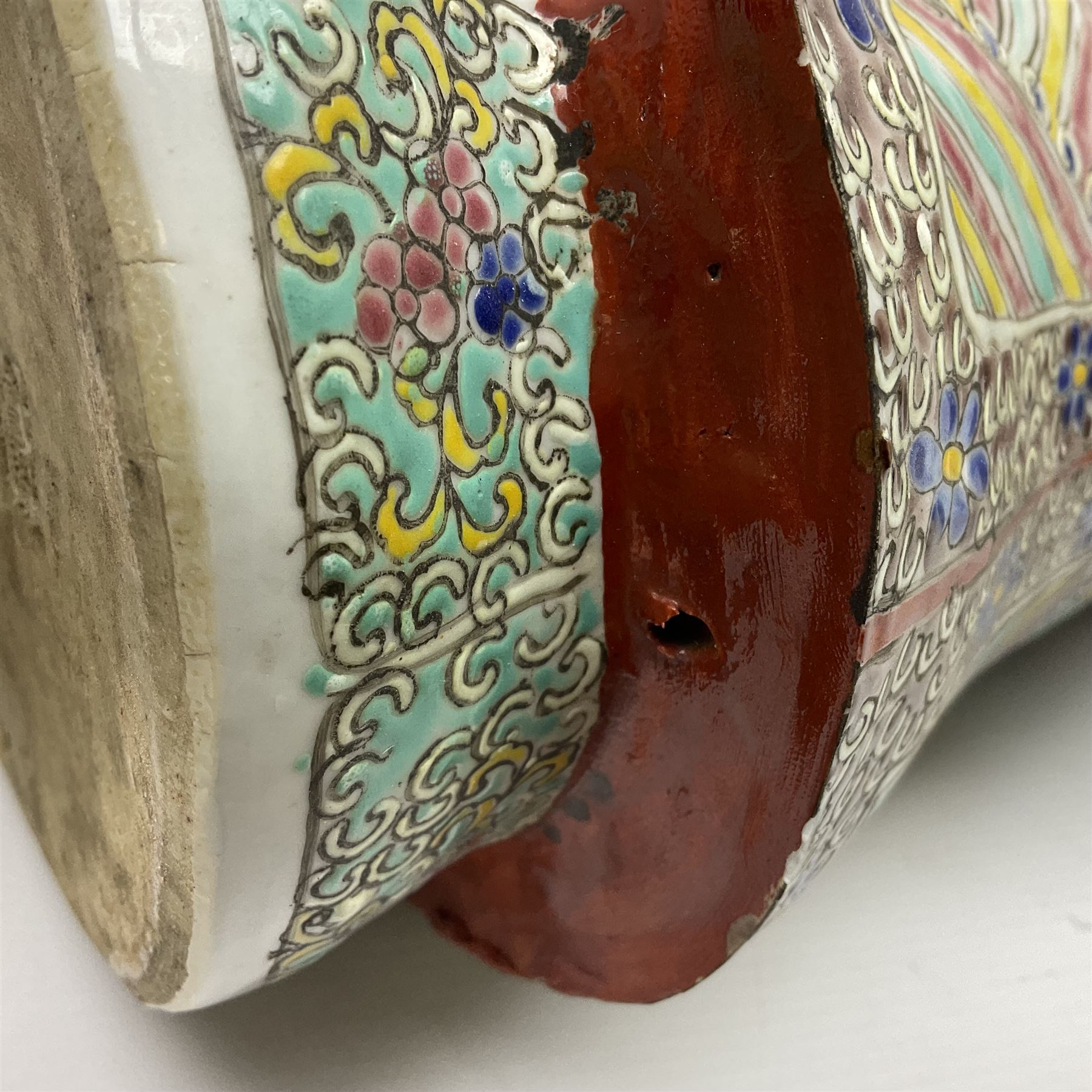 Chinese Republic Period porcelain figure, modelled as Shoulao, wearing elaborately enamelled robes decorated with peaches and flower heads, with impressed mark beneath, H55cm