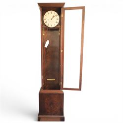 Edwardian mahogany regulator longcase clock, retailed by Maple & Co. Ltd., London, moulded cornice over glazed case enclosing a circular painted Roman numeral dial, single train weight-driven movement with brass cased weight and pendulum, on plinth base