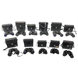 Eleven cased pairs of binoculars, to include Omiya 8x30, Tasco, Esde-Optik 8x40 Weitwinkel, Chinon 10x50 Field. Aico Rapide 8x30, Astralite zoom 6x- 14x32, etc