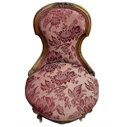 Victorian carved walnut framed ladies and gents upholstered chairs