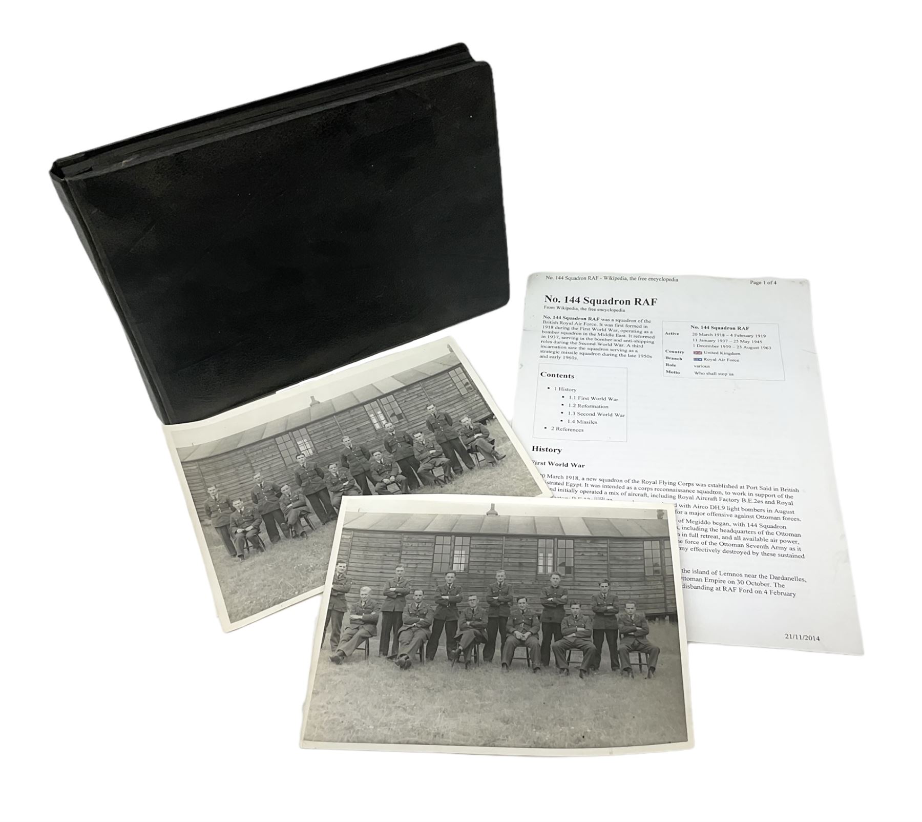 144 Squadron RAF - album containing over one hundred photographs and postcards of varying sizes including group shots, aircraft on the ground and in the air, German aircraft, crashes etc; sizes from 3.5 x 6cm to 16 x 21cm; and quantity of modern reference material
