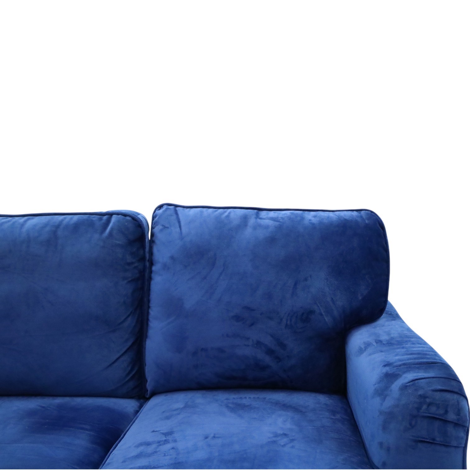 Howard design - two-seat sofa upholstered in blue fabric, traditional shape with rolled arms, on walnut finish turned feet with brushed metal cups and castors