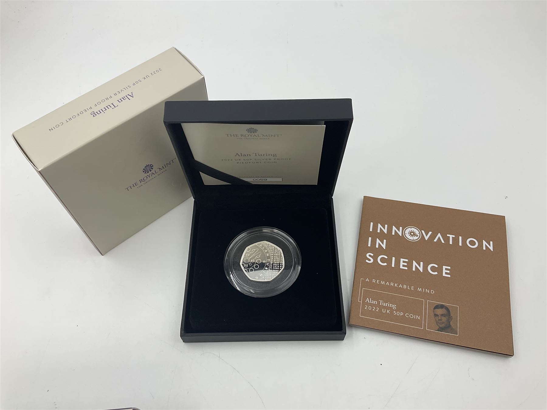 Three The Royal Mint United Kingdom silver proof piedfort fifty pence coins, 2021 'John Logie Baird', 2021 'Charles Babbage' and 2022 'Alan Turing', all cased with certificates