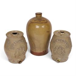 Stoneware flagon, impressed G Piercy Mkt Weighton 2 Gall, together with two salt-ware sprit barrels for Whisky and Brandy 