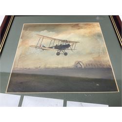 T. Page (early 20th century) - RFC bi-plane in flight over an airfield, bears labels verso 'BE2.B. Dennes Lane R.F.C. Lydd Flying School Oct.1916' and 'Lt. Gerrard R.F.C Lydd 1917 Evening Anti Zeppelin Training Flt. B. Dennes Lane Circum & Bumps', signed watercolour 20.5 x 22.5cm, later mahogany stained frame