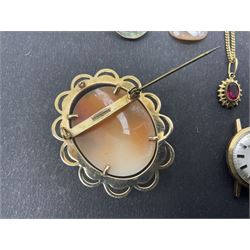 9ct gold jewellery, including ring shank, red stone set pendant necklace, wishbone necklace, St Christopher pendant necklace, cameo brooch and a gold cased wristwatch