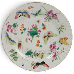 19th century Chinese famille rose plate, enamelled with fruits and flowers, crickets, butt...