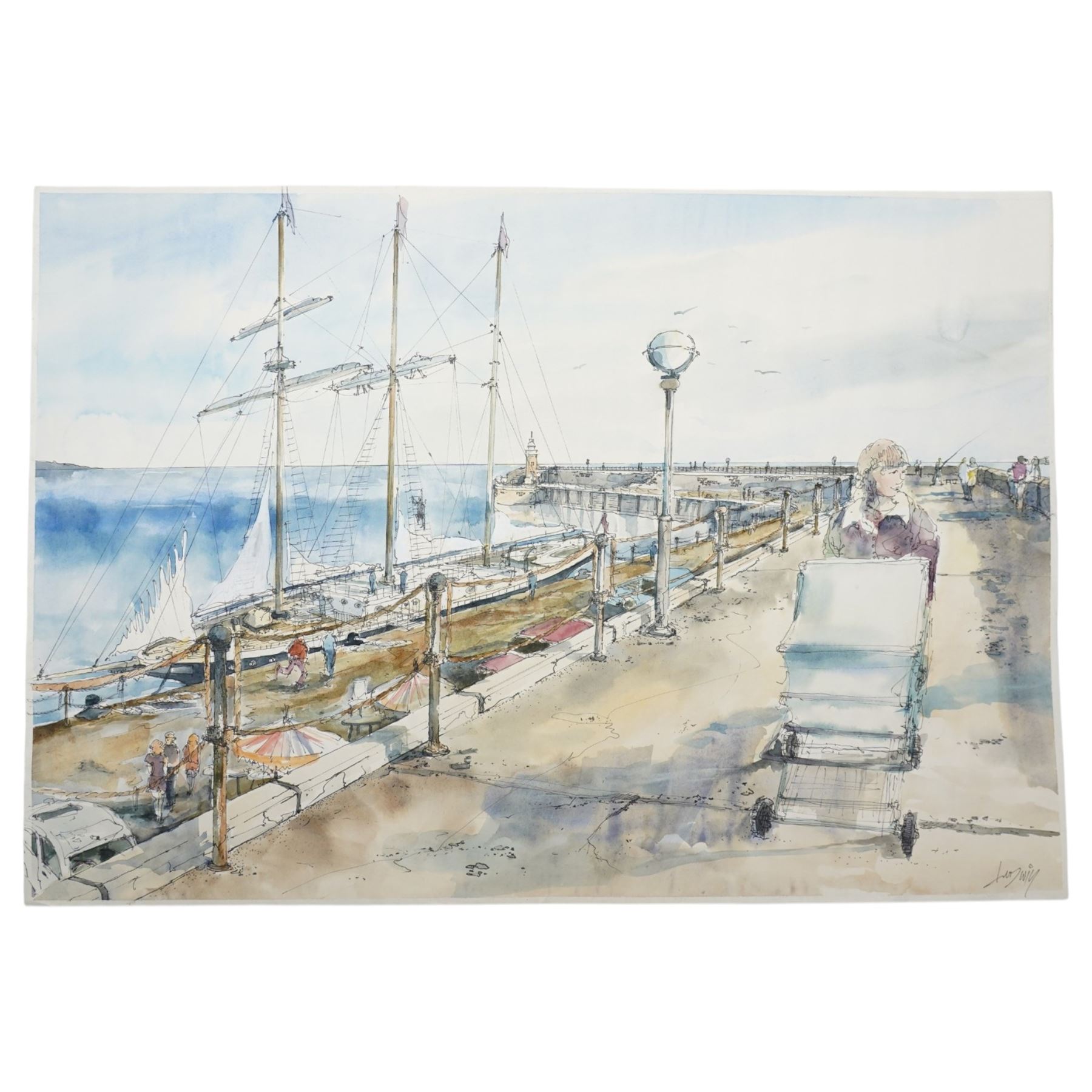 English School (20th Century): Folkestone Harbour, watercolour and ink signed Ludwig 39.5cm x 57cm (unframed)