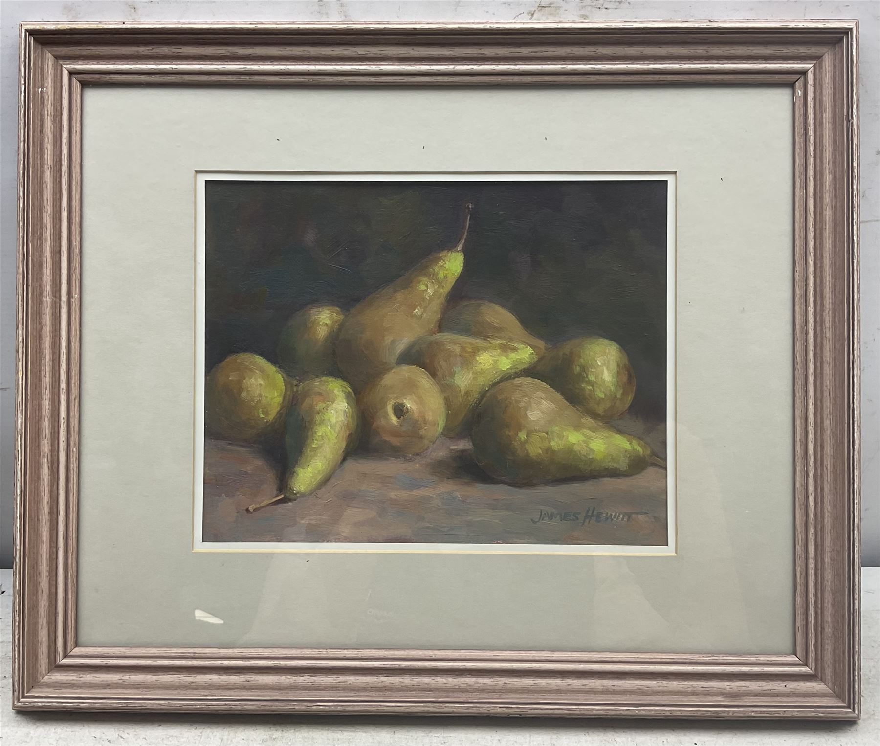 James Hewitt (British 1934-): Still Life of Pears, oil on board signed 19cm x 24cm 