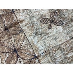 Collection of traditional necklaces from the Solomon Islands, including shell and boar tusk examples, together with a carved canoe prow, with mother of pearl eyes, painted cow hide and a copper plaque, depicting the Solomon Islands, with presentation engraving