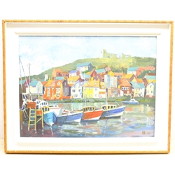 Ethel Blackburn (British 1907-2005): Whitby Harbour, oil on board signed with initials and dated 1989, another painting of a village verso 45cm x 60cm
Provenance: the vendor was a friend of Blackburn and used to help at her flat