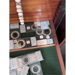 Victorian collector's specimen cabinet, containing a number of prepared microscope slides including miniature photographs, animal and human pathological, physiological and histological specimens and botanical specimens, mostly annotated in ink, the cabinet with glazed door, the drawers with bone handles and lined with green felt, owned by Dr Arthur Bristow, together with a picture of the doctor, cabinet H43cm