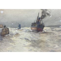 Ernest Dade (Staithes Group 1868-1934): Steam Ship Returning to Scarborough Harbour, watercolour heightened in white signed 23cm x 33cm