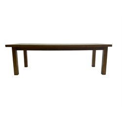 Large stained elm finish dining table, rectangular top on square supports