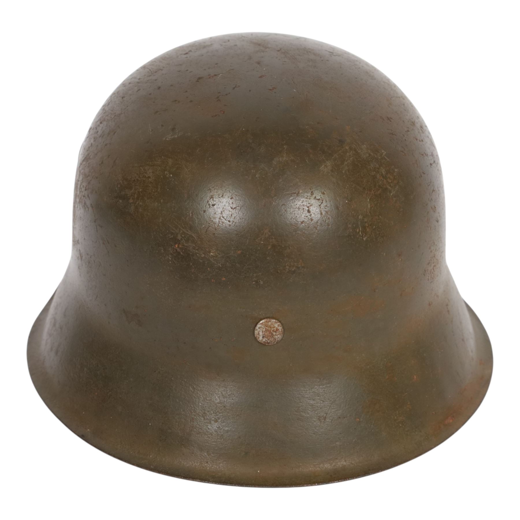 German Third Reich M45 Luftwaffe single decal helmet, the inner back brim stamped hkp 64, 16438, with eight tongue leather liner and the buckle part of the chinstrap