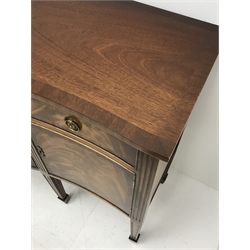 *20th century mahogany sideboard, shaped banded top over three drawers, double cupboard and two single cupboards, on moulded square tapering supports with spade feet, W160cm, H93cm, D47cm