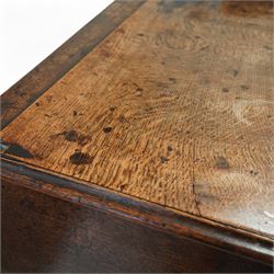 George III oak dresser base, fitted with three drawers with brass swan-neck handles, shaped apron and cabriole legs on pad feet 