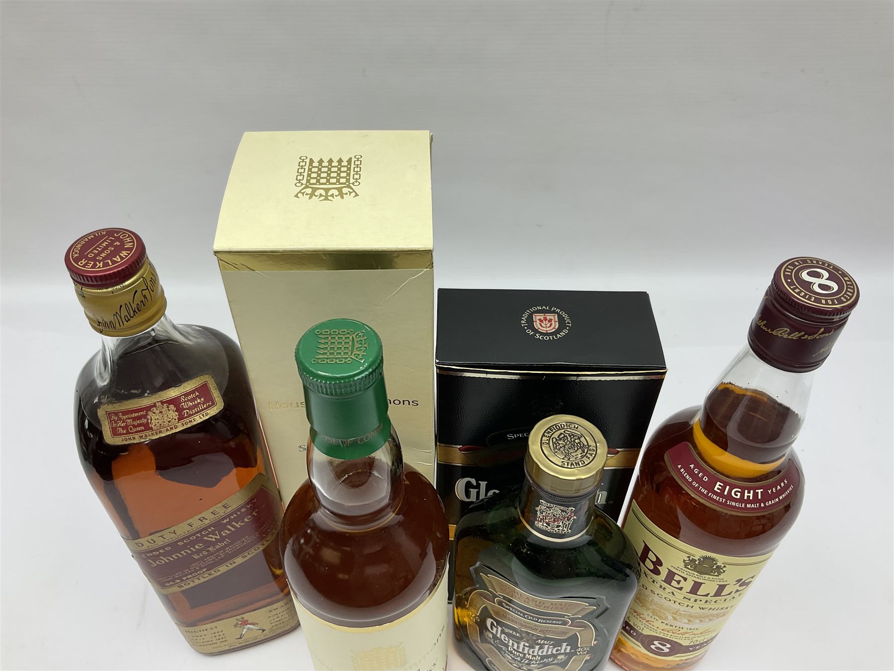 Glenfiddich Special Reserve single malt Scotch whisky, Bells, 8 years old blended Scotch whisky, House of Commons blended Scotch whisky and Jonnie Walker Red Label blended Scotch whisky, various contents and proof   