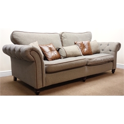  Grande sofa upholstered in deep buttoned grey linen fabric with piping, cushion back, turned supports (W240cm)    