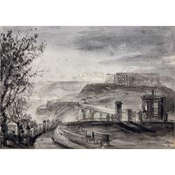 Henry Barlow Carter (British 1804-1868): Scarborough from St Nicholas Cliff, monochrome watercolour 15.5cm x 22cm 
Notes: seemingly a preparatory sketch for an engraving illustrated in 'The World of the Brontes' by Jane O'Neill, p. 98
Provenance: the collection of Dr. Fox-Linton, The Old Mill, Cloughton, Scarborough. Fox-Linton, noted local collector is listed as a subscriber to Arthur Rowntree's 'History of Scarborough' pub. in 1931