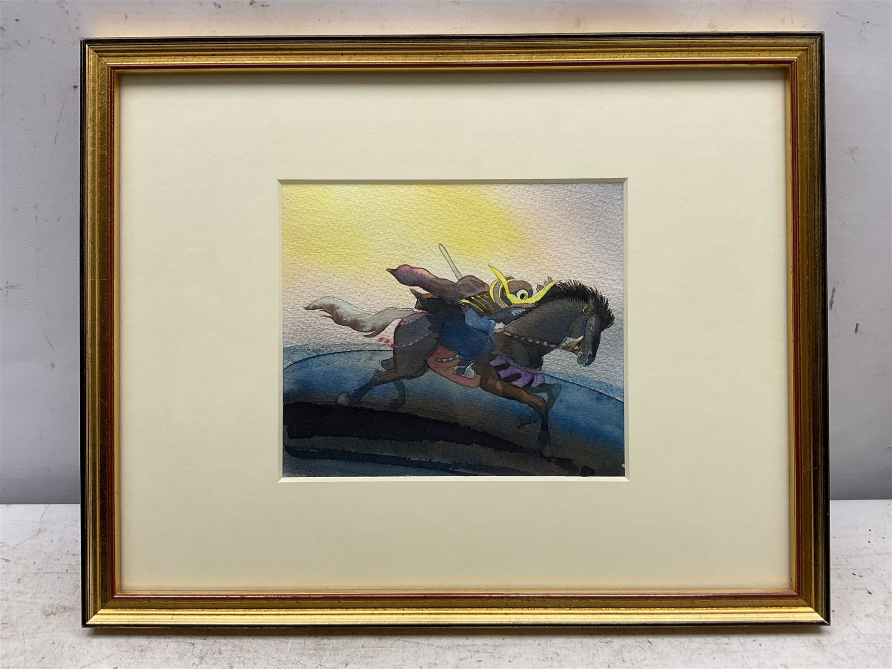 Michael Foreman OBE (British 1938-): The Third Knight, watercolour unsigned, titled on exhibition label verso 13.5cm x 15.5cm 
Provenance: exh. 'Michael Foreman: Telling Tales', Chris Beetles, April 2017, No.116; illustrated in Eric Quayle, 'The Shining Princess and other Japanese Legends', London: Anderson Press, 1989, p.19