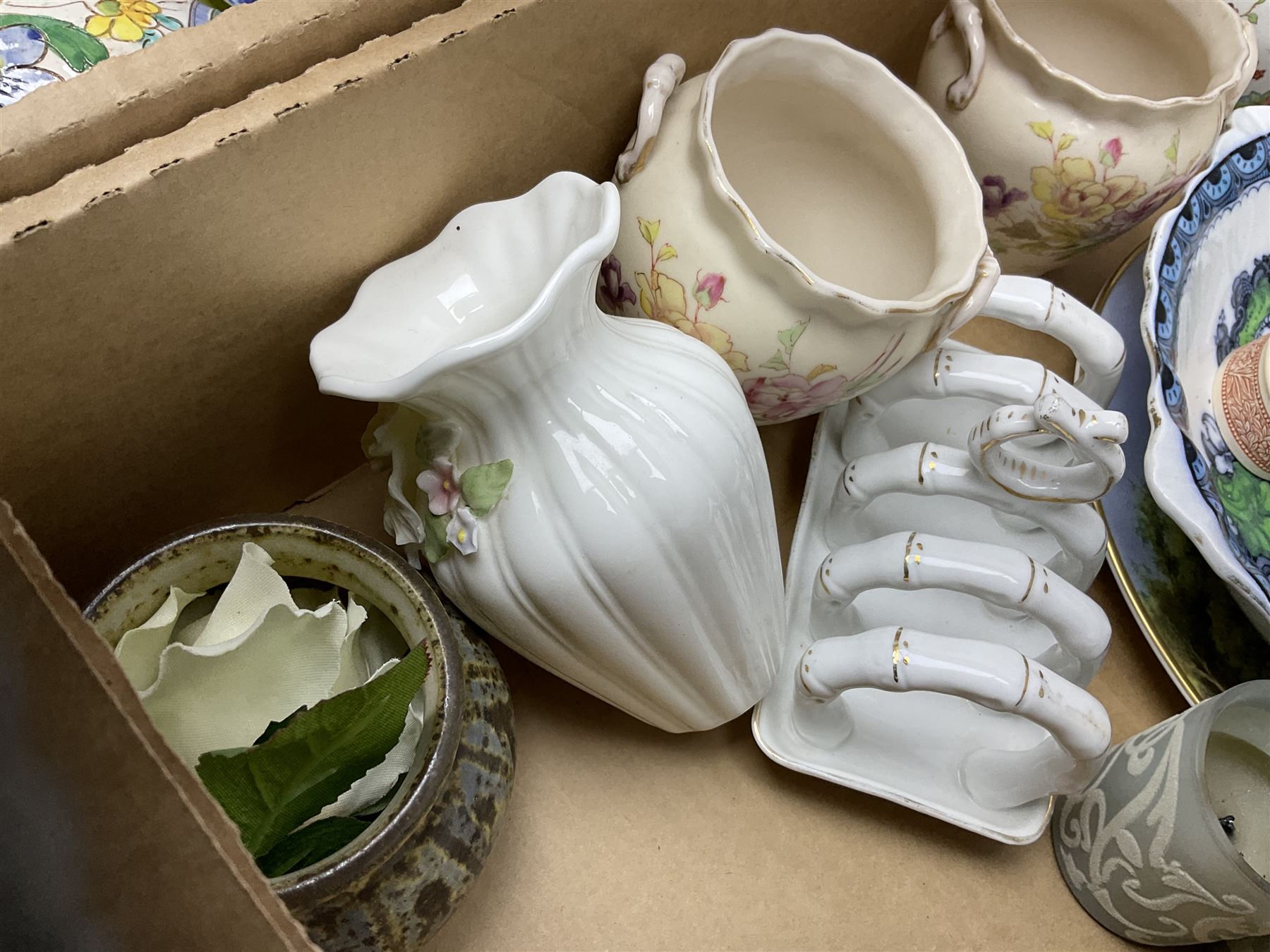 Collection of ceramics to include Bretby jardinière, Royal Worcester, Palissy, Royal Doulton Dickens Ware, Carlton ware, 19th century small dish painted with roses and foliate decoration, lustre, Poole etc in two boxes