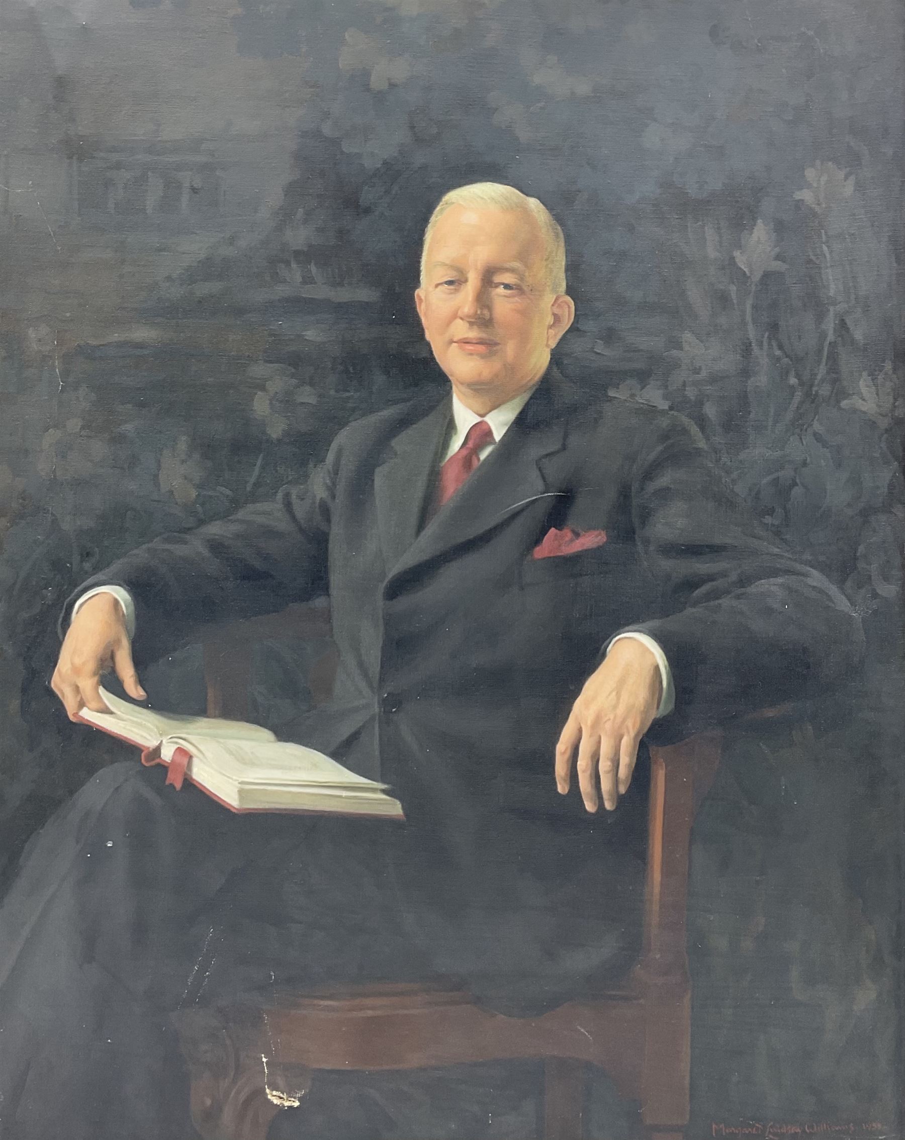 Margaret Lindsay Williams (1888-1960): Three-Quarter Length Portrait of a Gentleman Holding a Book, oil on canvas signed and dated 1955, 129cm x 100cm
Notes: Margaret Lindsay Williams was a notable portrait painter of members of the Royal Family and Politicians