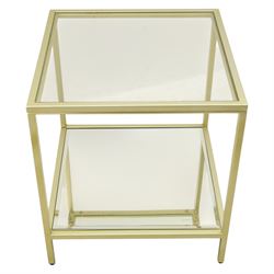Modern pair of brass finish and glass bedside stands, each of square form with clear glass top, glazed sides and mirrored under tier, enclosed by a square section brass finish metal frame, raised on short square supports