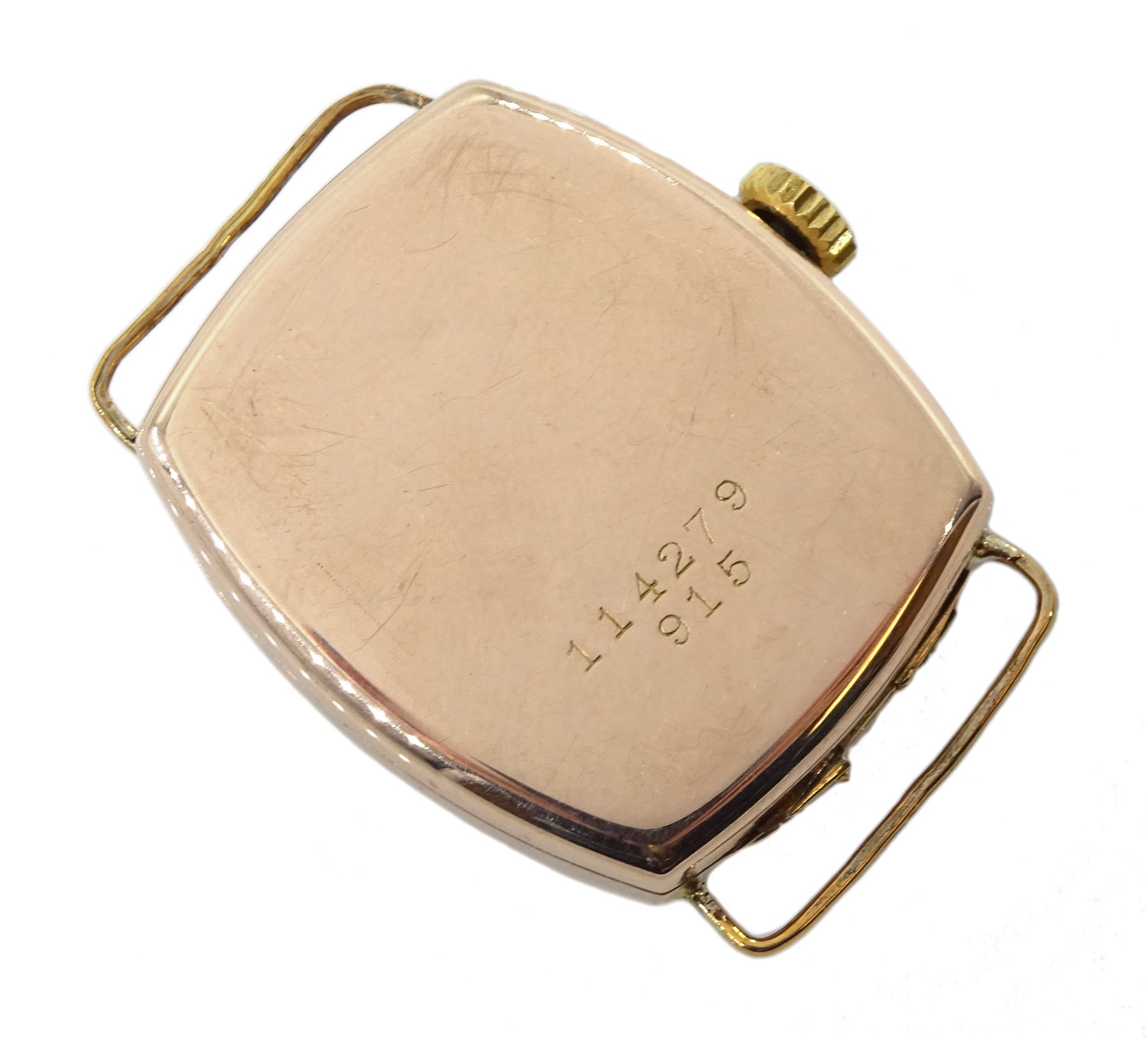 Rolco Rolex 9ct gold gentleman's rectangular wristwatch, Glasgow import marks 1928, Poinçon de Maître hammerhead, number 136, back case stamped 114279 915