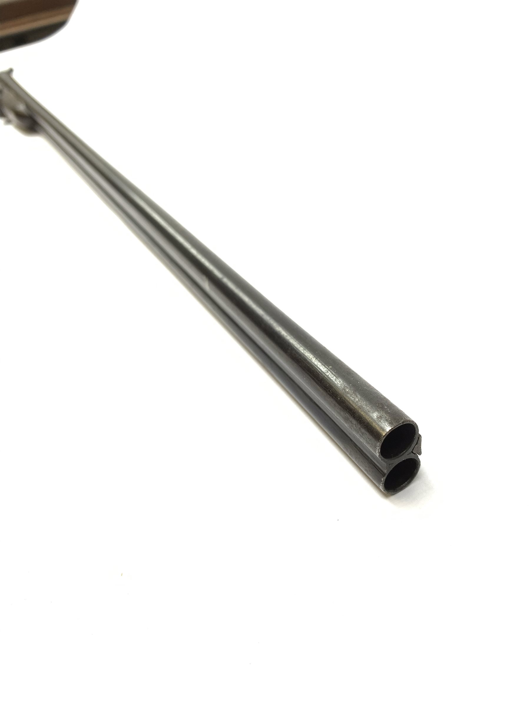 Belgian .410 side-by-side double barrel hammer shot gun with side lever operated folding 70cm barrels and walnut skeleton stock, No.498, L109cm overall SHOTGUN CERTIFICATE REQUIRED