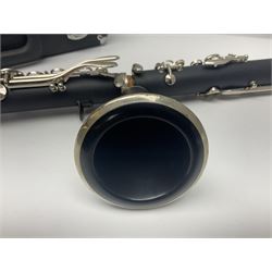 Unmarked four-piece clarinet with nickel plated mounts; in fitted carrying case