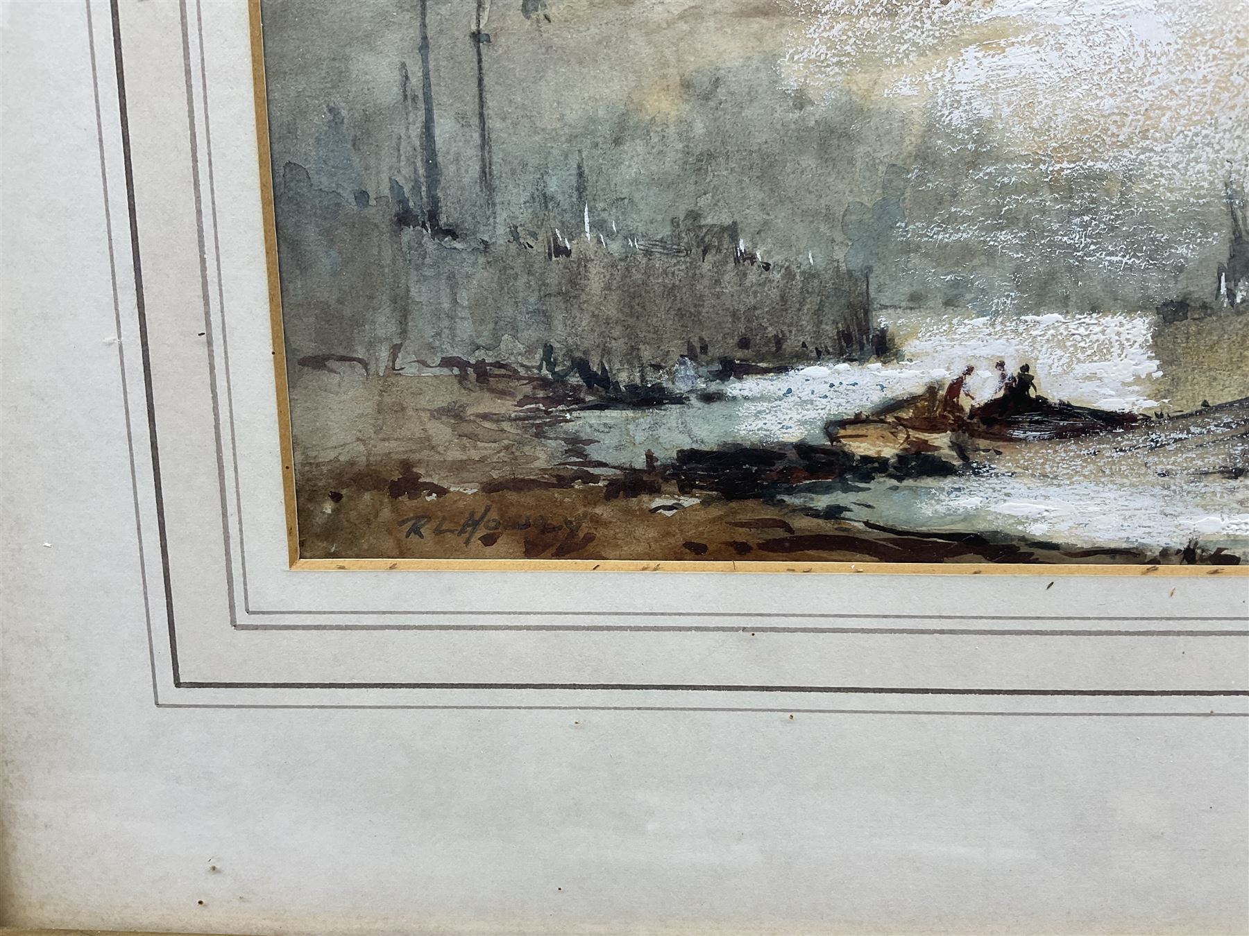 Robert Leslie Howey (British 1900-1981): Shipping in the Estuary, watercolour heightened with white signed 12cm x 33cm 