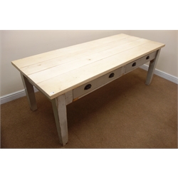  19th century painted pine farmhouse dining table with stripped sycamore planked top, two drawers, square tapering supports, W220cm, H79cm, D91cm  